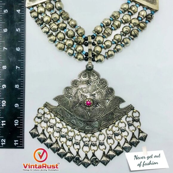 Vintage Beaded Necklace With Pendant, Statement Necklace, Antique Necklace - Picture 8 of 9